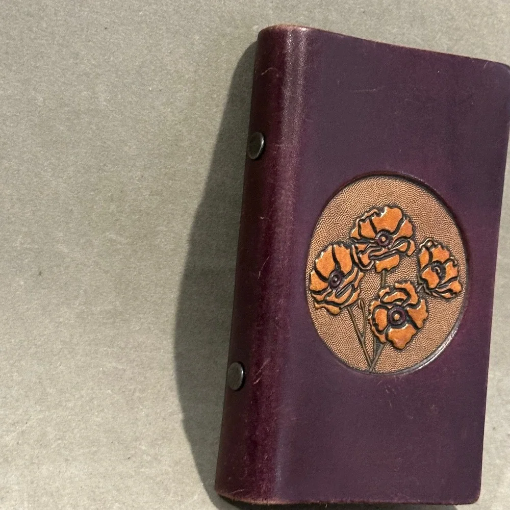 Vintage Tooled Leather Pocket Address Book Purple Poppy Floral Hand Crafted 5.5